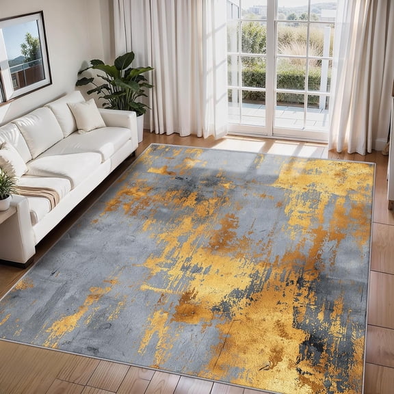 Modern Metallic Abstract Area Rugs, Grey Gold Luxury Carpet, Washable Non Slip Low Pile Soft Rug for Living Room Bedroom Home Office Decor Mat 2x3ft