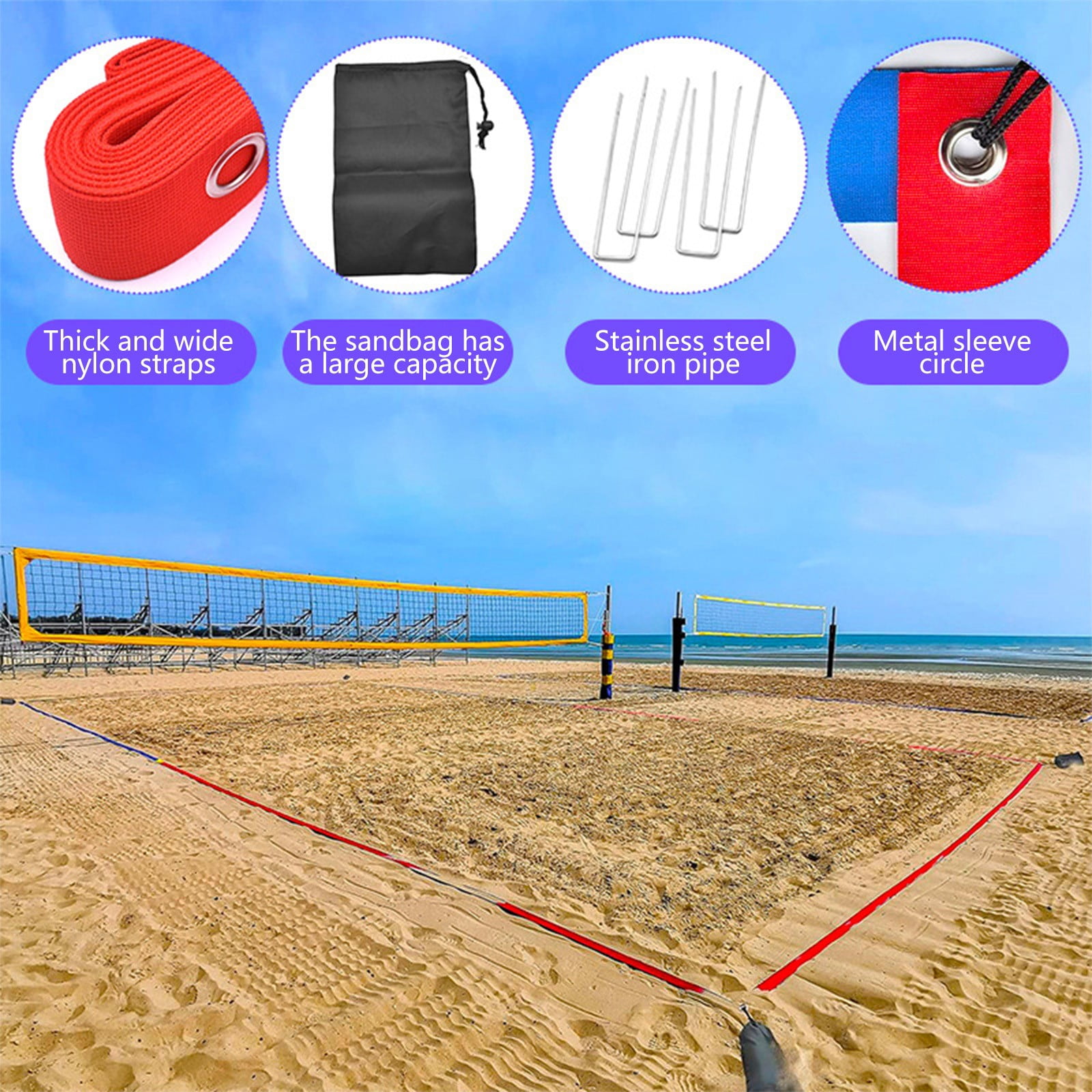 &nbsp;16m/52ft Volleyball Court Boundary Line Kit - Portable Polyester Webbing with Sandbags & Pins - Quick Setup for Beach/Outdoor Training - Includes Drawstring Storage Bag