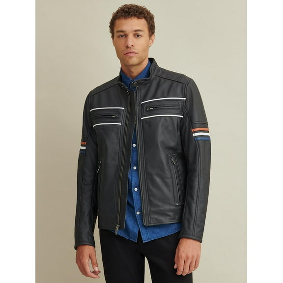 Noora New Men's Black Jacket With Multi Color Strips Lambskin Leather Jacket With Zipper Designer Leather Jacket SU02
