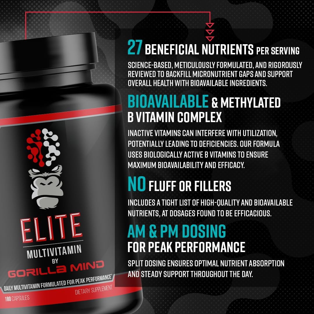 Gorilla Mind Elite Multi-Vitamin for Peak Performance, 27 Nutrients, 180 Capsules
