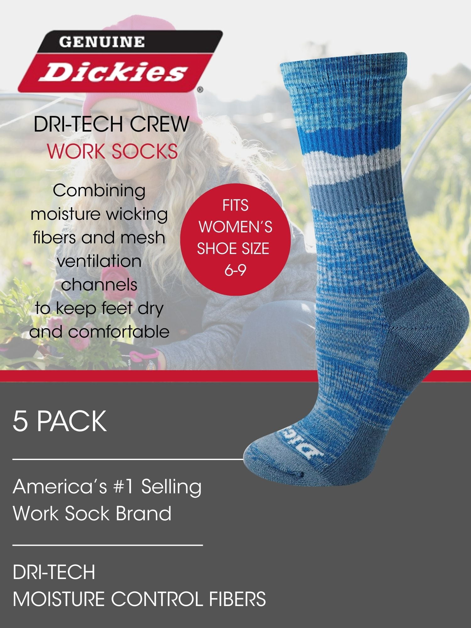 Genuine Dickies Women's Dri-Tech Mtn Crew Socks, 5-Pack