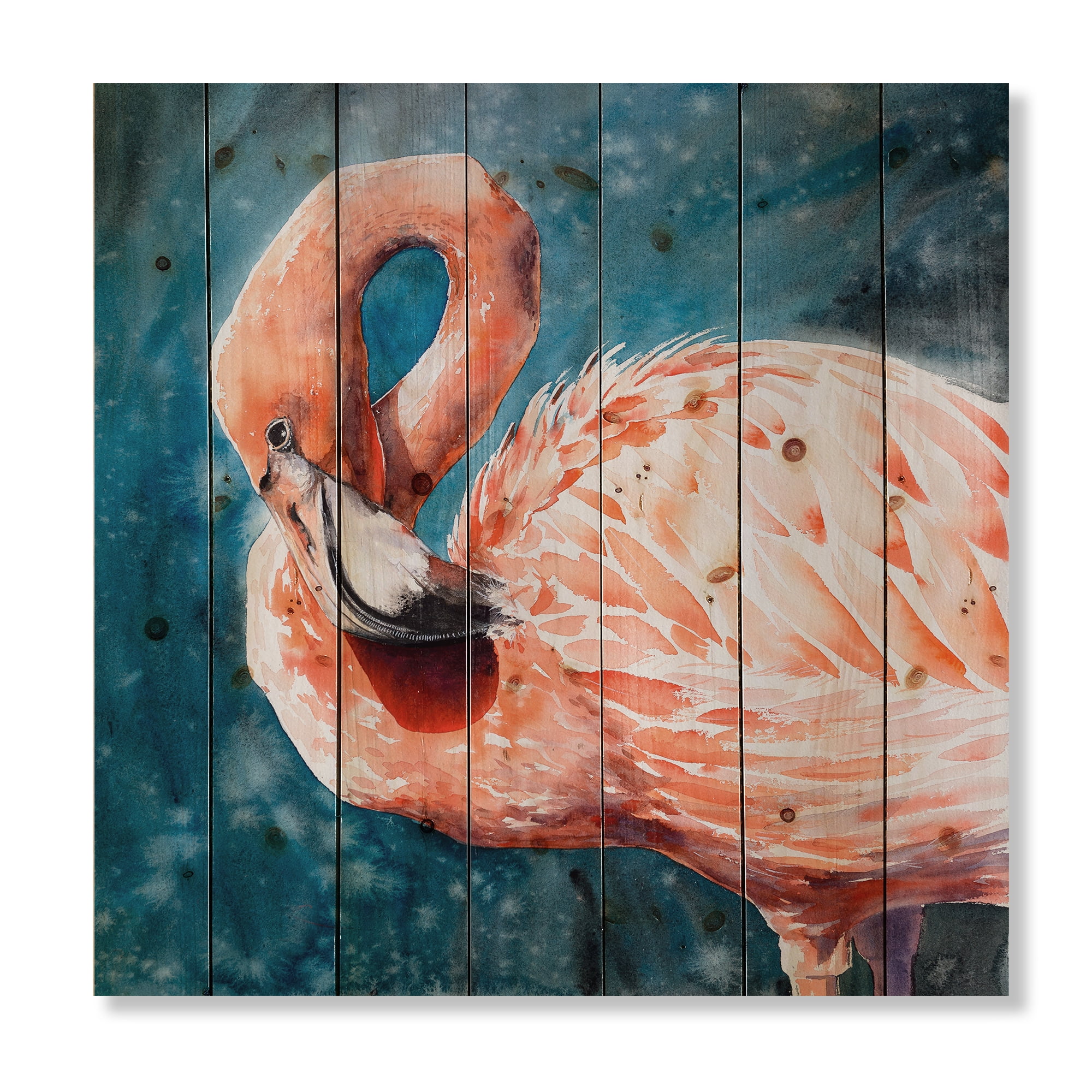 Designart 'Pink Flamingos Love Birds In Blue Water II' Farmhouse Print on Natural Pine Wood