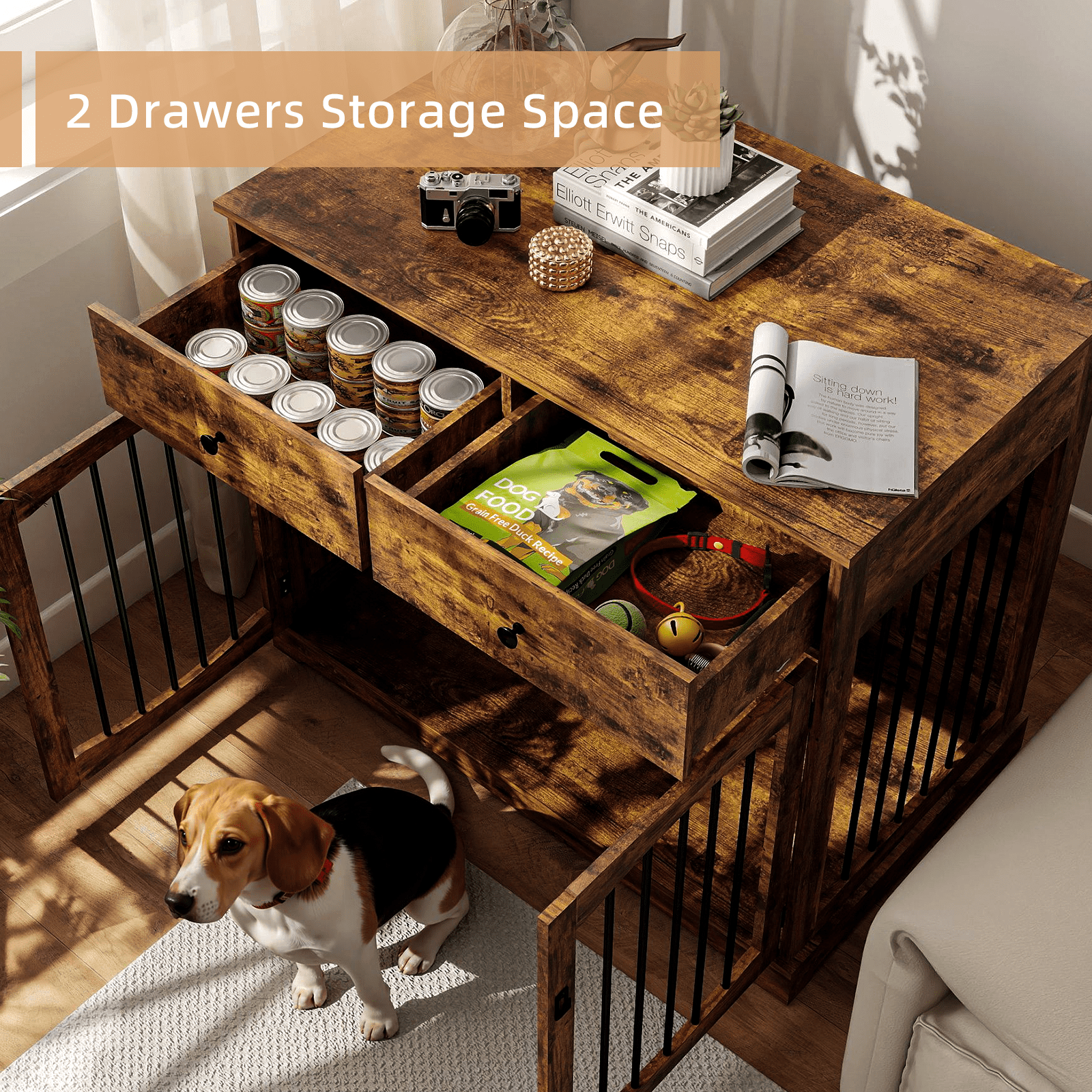 Flictozena 40 Inch Dog Crate Furniture - House Style Wooden Pet Kennel with 2 Doors for Indoor Large Dogs, Brown