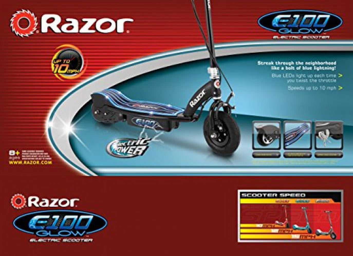 Razor E100 Glow Light-up Electric Scooter, up to 10 mph, Air-filled Front Tire, for Child Ages 8+