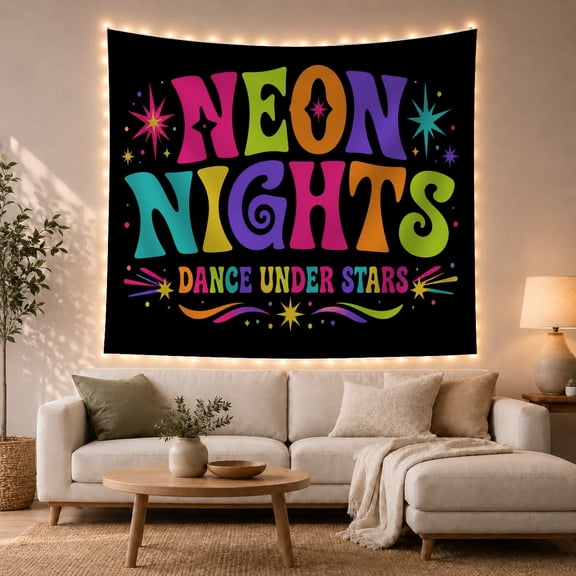 Neon Nights Dance Under Stars Text on Solid Black Background, Energetic Retro for Music Lovers, Vibrant Festival Wall Art, Housewarming Gift, Tapestry Wall Hanging for Dorm and Bedroom