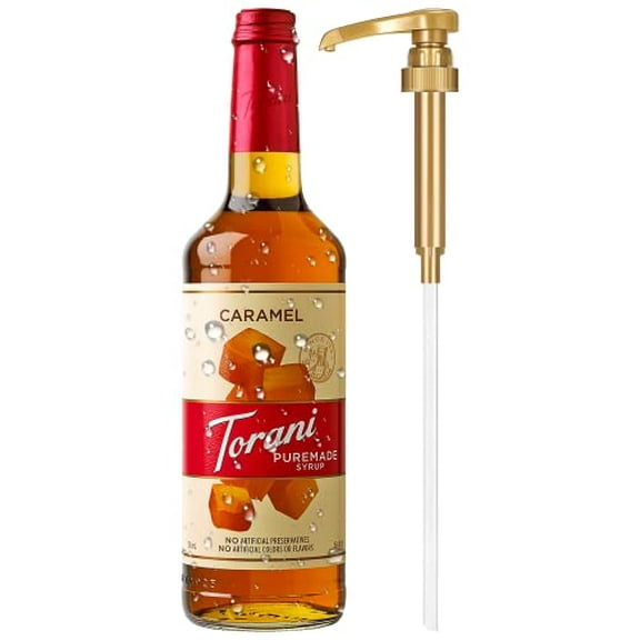 Torani Puremade Caramel Syrup with Little Squirt Syrup Pump, Glass Bottle 750ml 25.4 Ounces