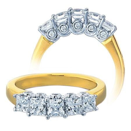 Moissanite Engagement Ring 2.00 Carat Five Stone Princess Moissanite Diamond and for Her in 10k yellow Gold