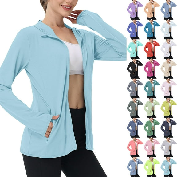Horkkom Sun Hoodie Women Outdoor with Pockets Sun Protection Zip Up Hoodie Lightweight Hiking Shirts L