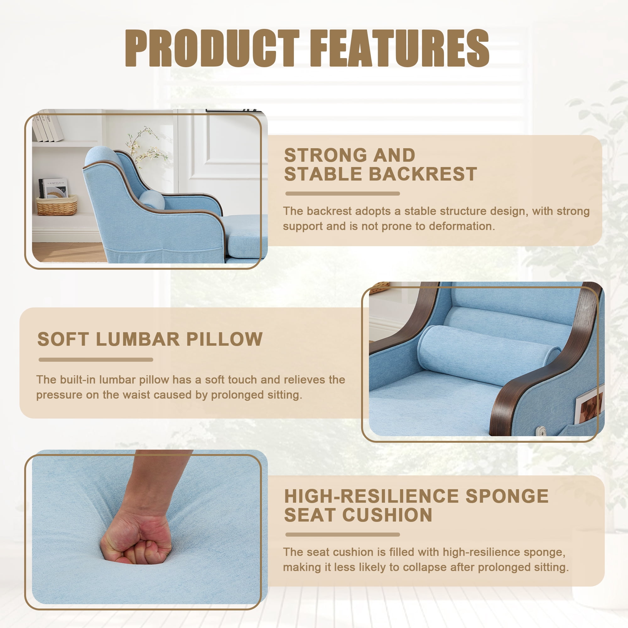 MOONMISS Chenille Upholstered Wood Frame Oversized Chaise Lounge with Side Pocket for Living Room,Bedroom-Light Blue