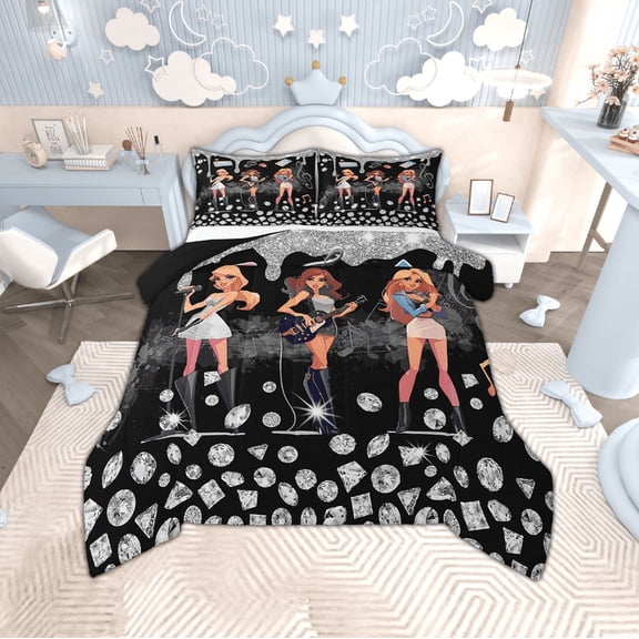 Erosebridal Crystl Glitter Bedding Twin Comforter Set,Music Guitar Down Comforter,Bling Sequin Print Bedding Sets Twin with Comforter,Lightweight Princess Bedroom Decorative,Reversible,2-Piece
