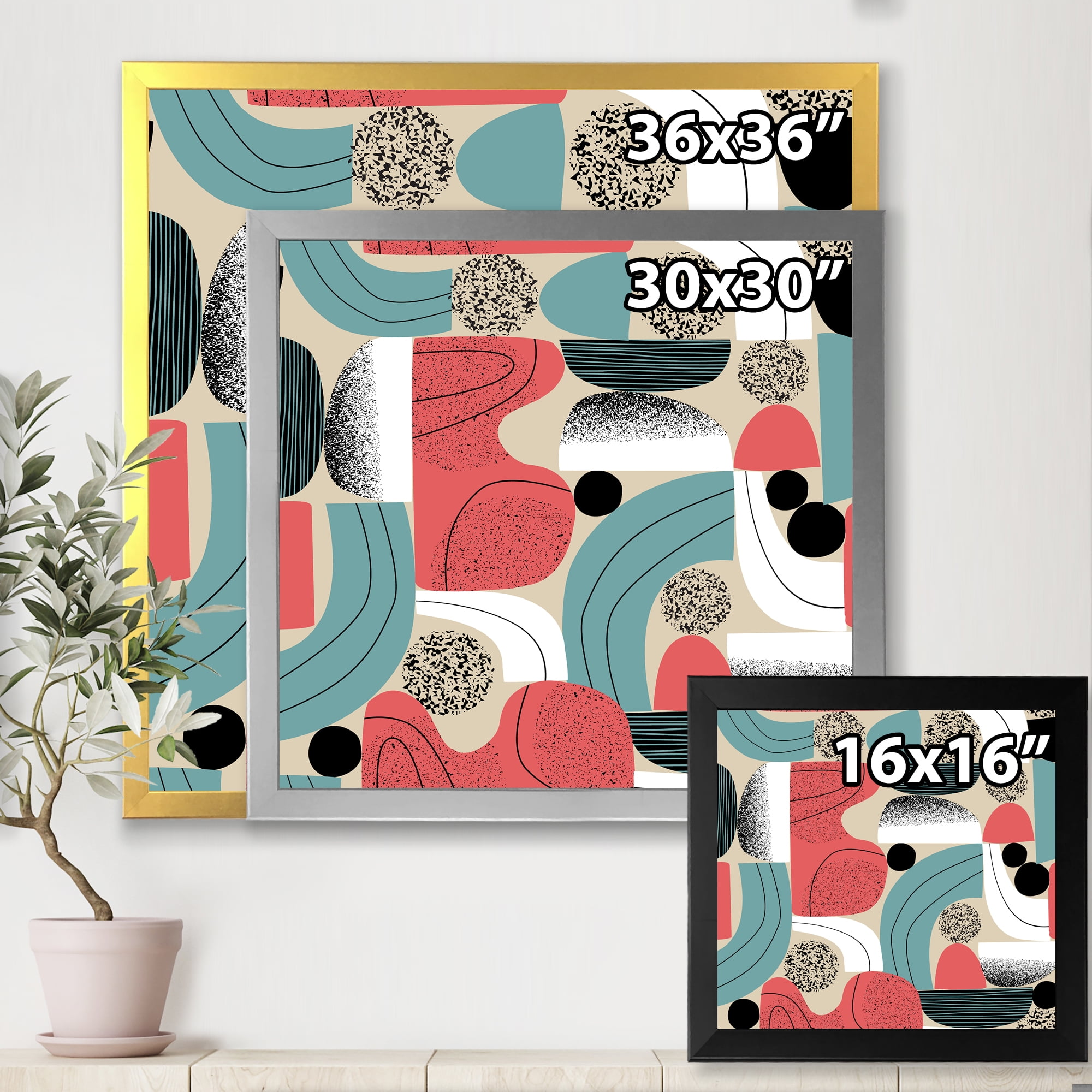 Designart 'Retro Shapes With Abstract Moons and Suns III' Modern Framed Art Print