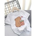 thumbnail image 1 of Kids' Casual Cotton T-Shirt, Crew Neck, Slight Stretch, Summer Knit Top with Capybara & Boba Print, for Ages 12 and Under, 1 of 6