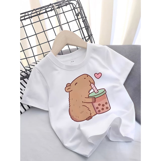 Kids' Casual Cotton T-Shirt, Crew Neck, Slight Stretch, Summer Knit Top with Capybara & Boba Print, for Ages 12 and Under