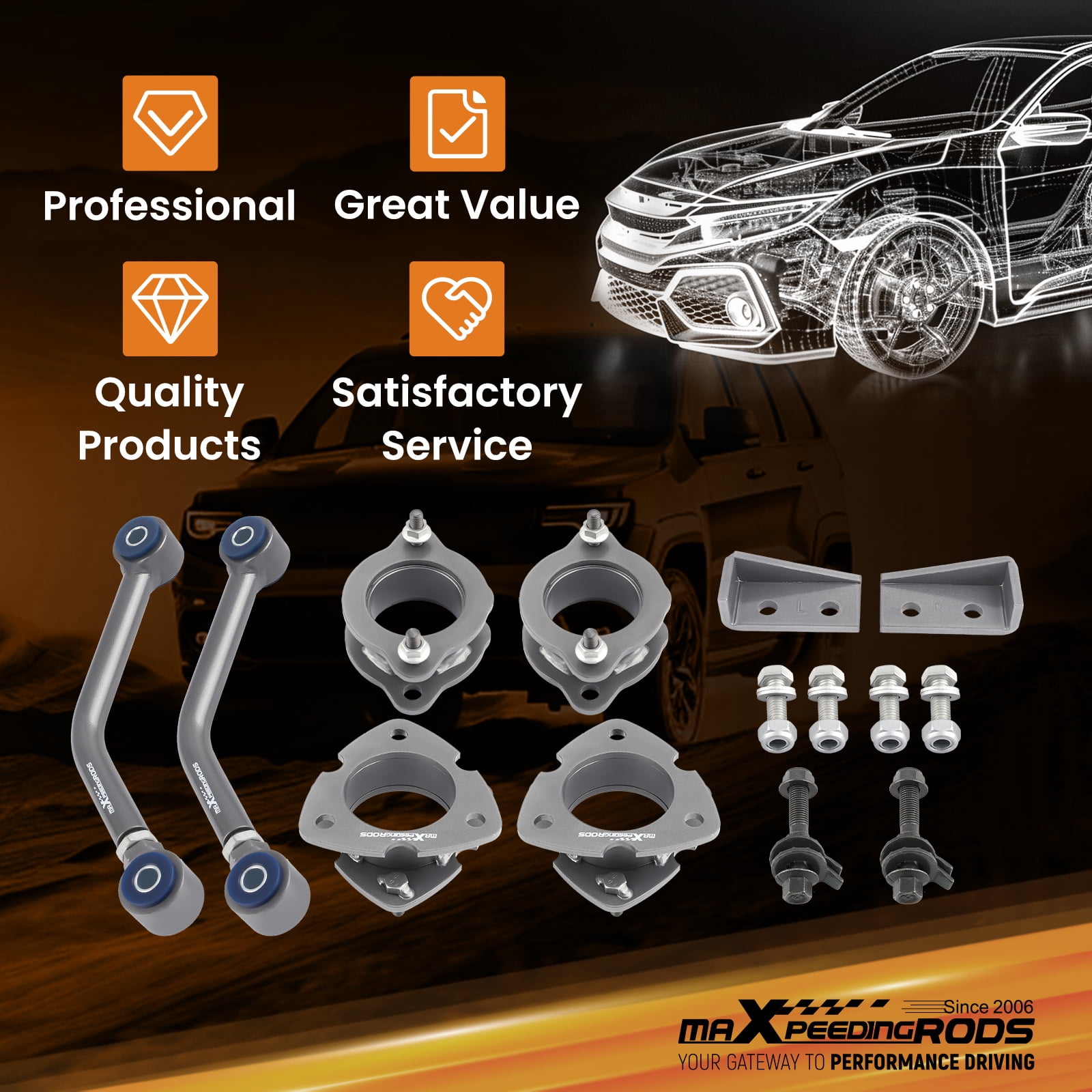 MaXpeedingrods Front 2" Rear 2" Lift Kit for Jeep Compass Patriot MK 2007-2017, Lift Spacers with Alignment Control Arms and Camber Bolts