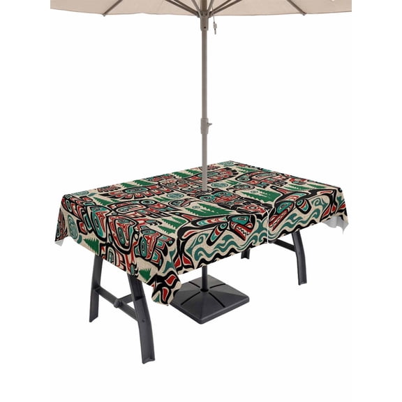 52x70 Inch Outdoor Tablecloth with Umbrella Hole Zipper Rectangle Ethnic Tribal Vintage Rectangular Tablecloths Waterproof Southwestern Retro Totem Burlap Patio Table Cloth Cover for Picnic Party