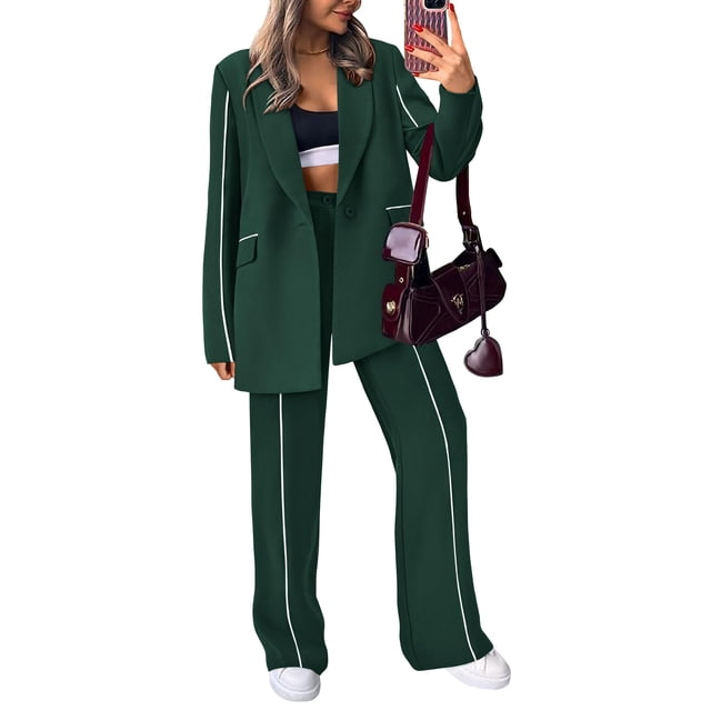 Traje PRETTYGARDEN Blazer Oversized Verde Oscuro Pantalones de Pierna Ancha M