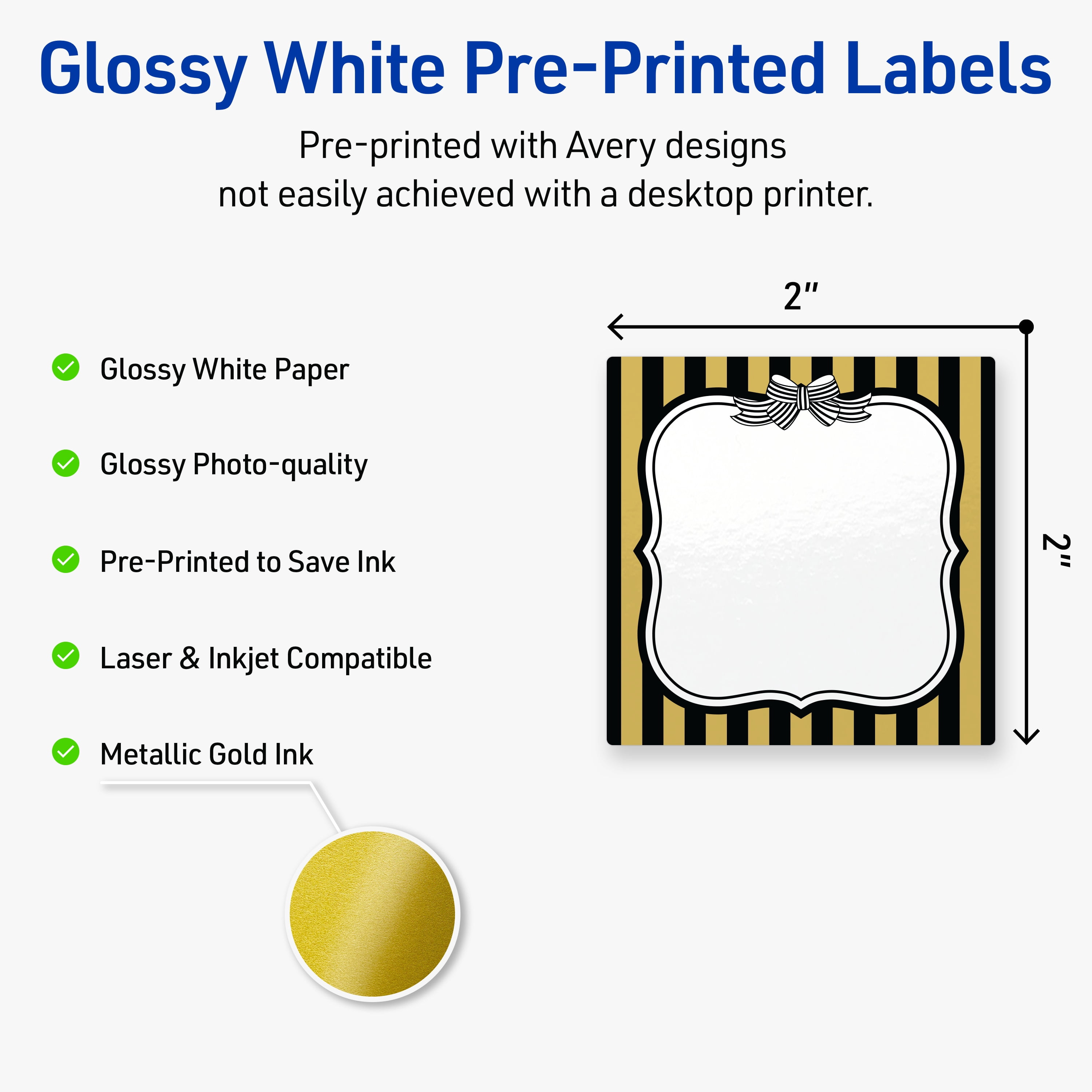 Avery Square Labels, 2" x 2", Gold & Black Stripes with Bow, Glossy