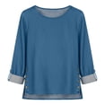 thumbnail image 2 of Lenpel Denim Tops for Women Crew Neck Long Sleeve Blouses Fashion Button Side Split High Low Hem Jean Tops Casual Fall Clothes, 2 of 6