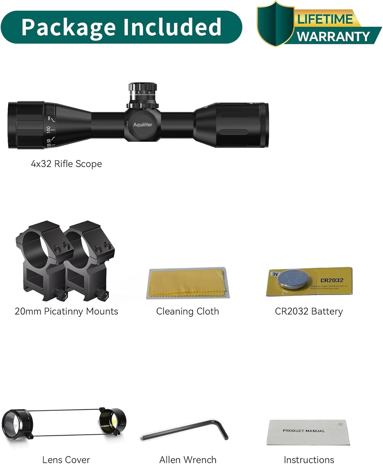Aquilifer HT 4x32 AO Compact Rifle Scope for .22LR, Red/Green Illuminated Reticle, 1-Inch Tube, Waterproof Fogproof Shockproof Hunting, Parallax-Free from 7 yds-Infinity