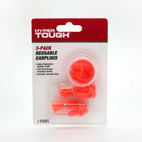 Hyper Tough Noise Canceling Reusable Ear Plugs, 3 Pairs