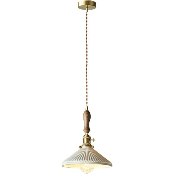 Small Wood White Ceramic Pendant Light, Farmhouse Japanese Style Pendant Lamp, Vintage Pendant Light Fixture, Modern Pendant Lighting for Kitchen Sink Bar Dining Room Table Kitchen Island Entrance
