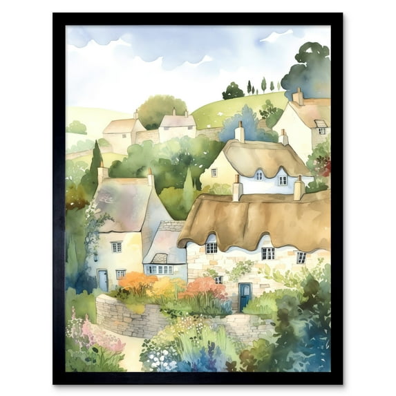 Thatched Roof Cottage House Village in Soft Pastel Colours Modern Watercolour Painting Art Print Framed Poster Wall Decor 12x16 inch