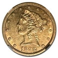 thumbnail image 2 of 1892-CC $5 Liberty Gold Half Eagle AU-55 NGC, 2 of 3