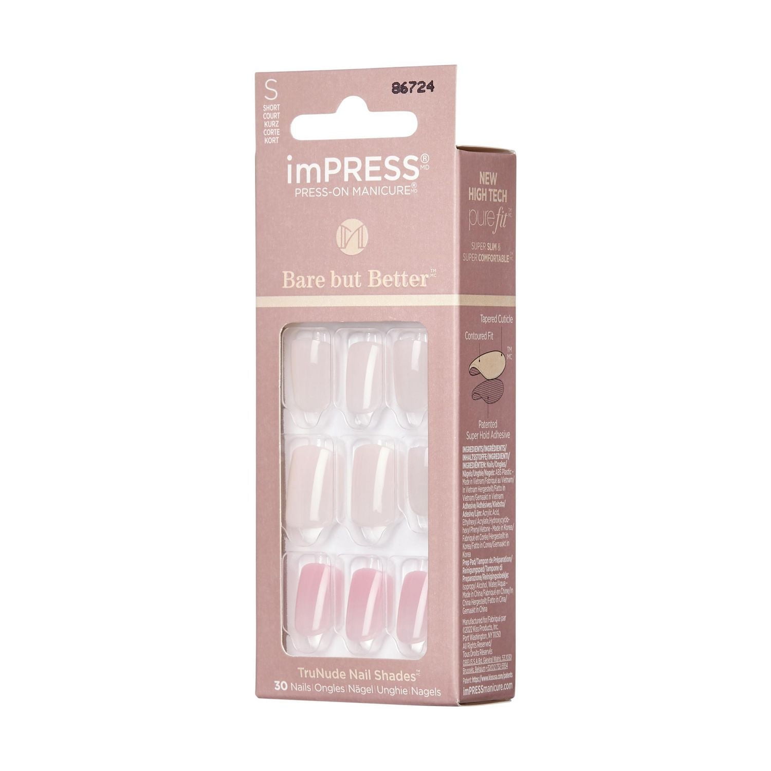 Kiss Bare mais meilleure finition sans effort - faux ongle, 30 comptes, court Rehaussez votre style