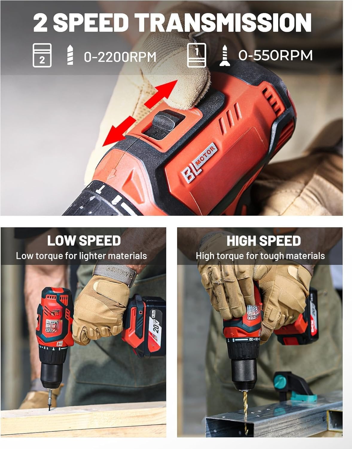 20V Brushless Hammer Drill, 531 in.lbs, 36000 BPM, 1/2" Keyless -Metal Chuck, 4.0Ah , 22+1+1 Clutch,  Drill Kit for Drilling Brick Wall, Metal, , KDJZ05-13