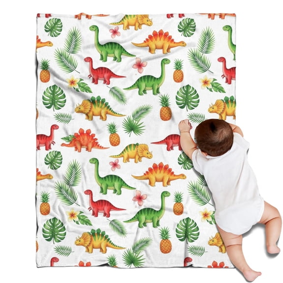 White Cartoon Dinosaurs Pineapples Pattern Blanket,Comfortable Soft Flannel Throw Blanket,All Season,Warm Lightweight Blankets for Sofa Bed Couch Living Room Chair,30"x40"