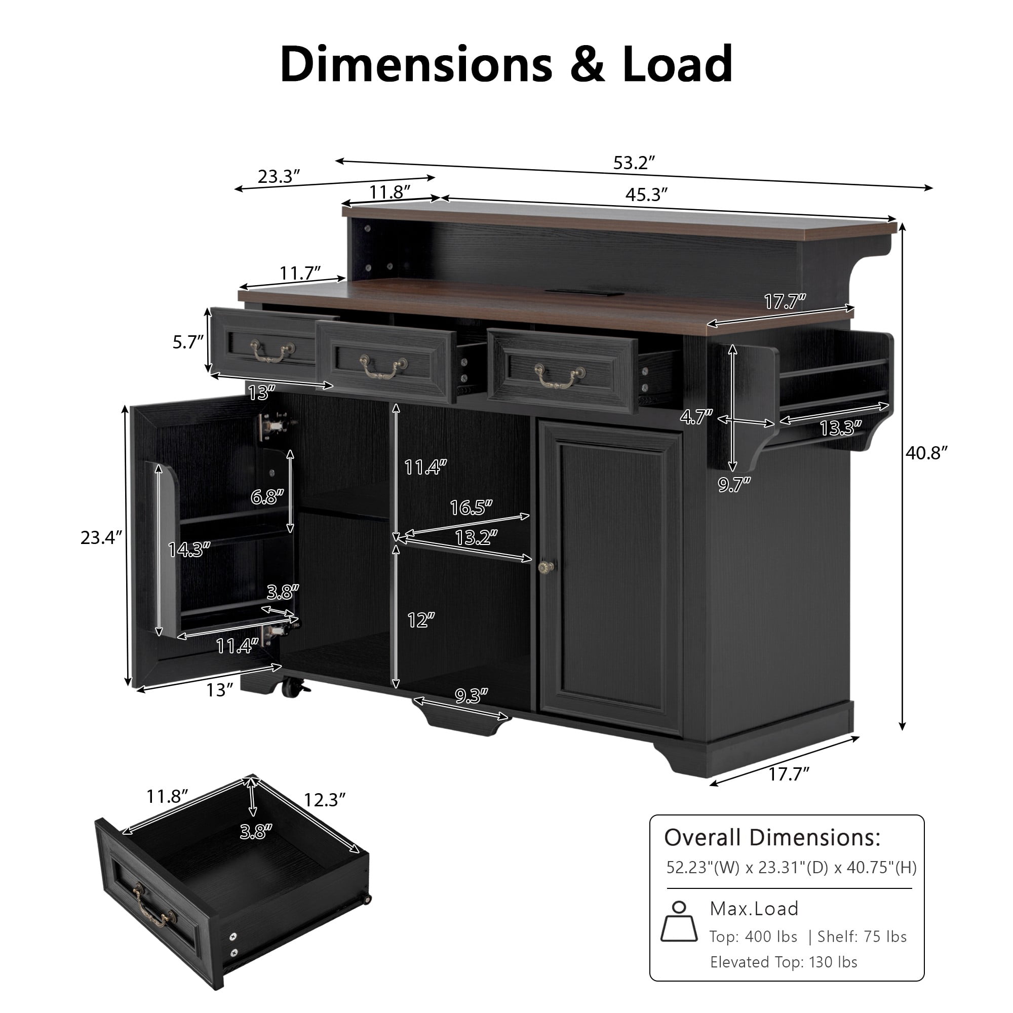 Homy Casa 52" Rolling Kitchen Island Cart with Power Outlet, Raised Bar, Drawers & Shelves, Black