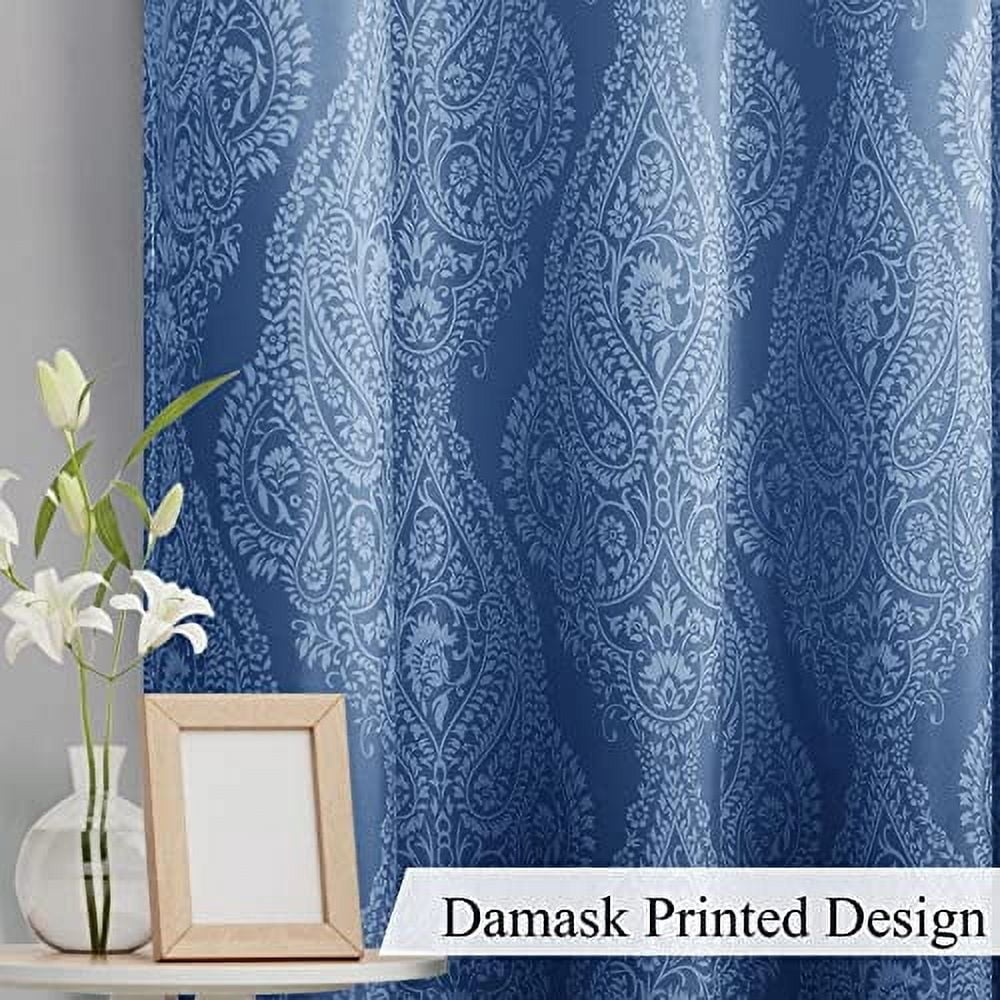 DWCN Ombre Blackout Curtains–Damask Patterned Thermal Insulated Noise Reducing Grommet Curtains for Bedroom Living Room, 55 x 69 Inches, Set of 2 Panels with Tiebacks, Navy Blue