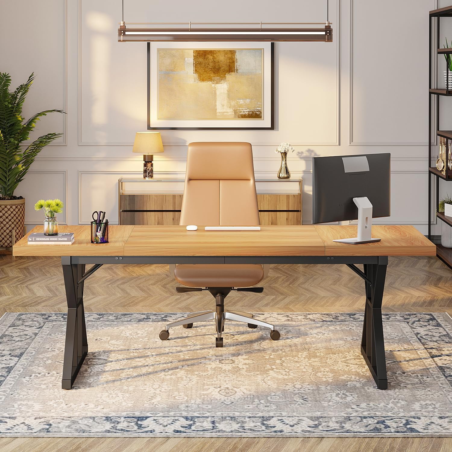 Tribesigns 71" Executive Desk, Large Computer Desk Study Writing Table for Home Office (Light Walnut/Black)