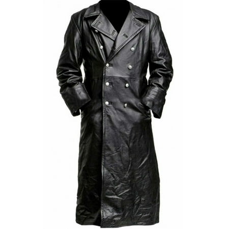 yievot Mens Vintage Classic Black Leather Trench Coat Jacket Long ...