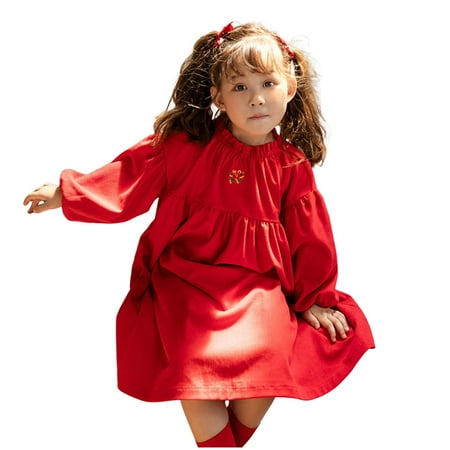 

LIhncine Girls Dress Toddler Girls Autumn Printed Long Sleeve Corduroy Dress Solid Color Princess Dress (Red 5-6 Years)