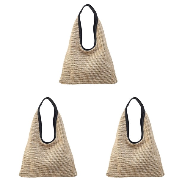 3X Bolsos de Hombro de Mujer de Moda Bolso de Paja Tejido de Mimbre Bolsos de Diseño Bolso de Gran Capacidad Bolso de Playa de Verano Femenino de Color Caqui