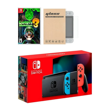 Nintendo Switch Neon Red Blue Joy-Con Console Luigi's Mansion 3 Bundle, with Mytrix Tempered Glass Screen Protector - Improved Battery Life Console with the 2019 Best Multiplayer Action-Adventure (Best Game Console For Kids 2019)