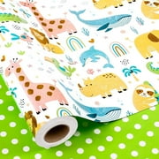 HOMERAL Baby Wrapping Paper Neutral - 17Inch x 33Feet - Reversible Cute Baby Boy Green Animals Themed Newborn Gift Wrap Paper for Baby Shower, 1st Birthday, Children Celebrations, Safari Jungle Party