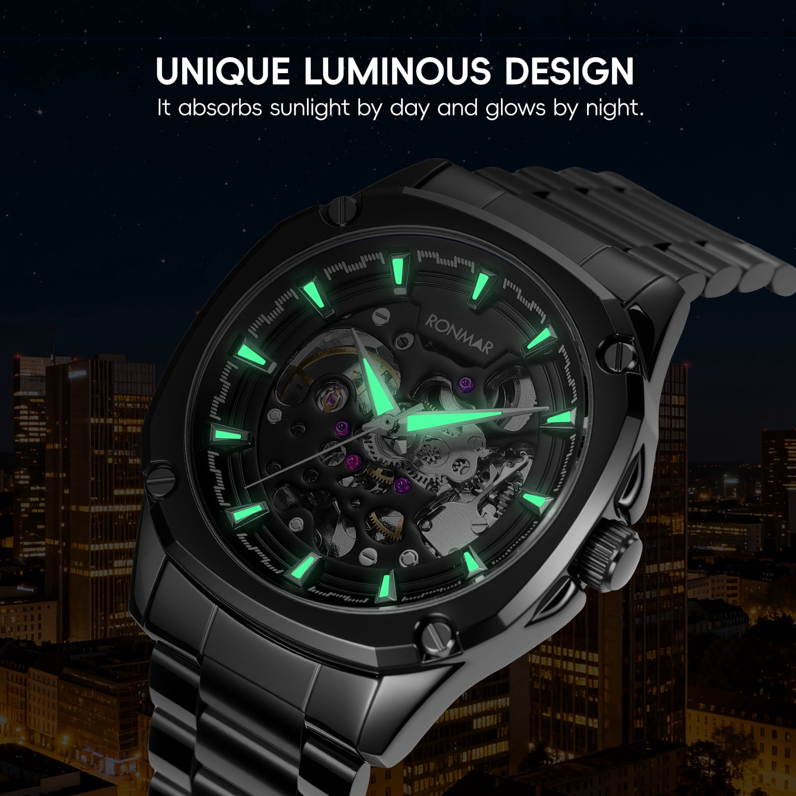 SKMEI Men's Automatic Mechanical Watch Skeleton Waterproof Stainless Steel Mens Watches Fashion Analog Watch for Men