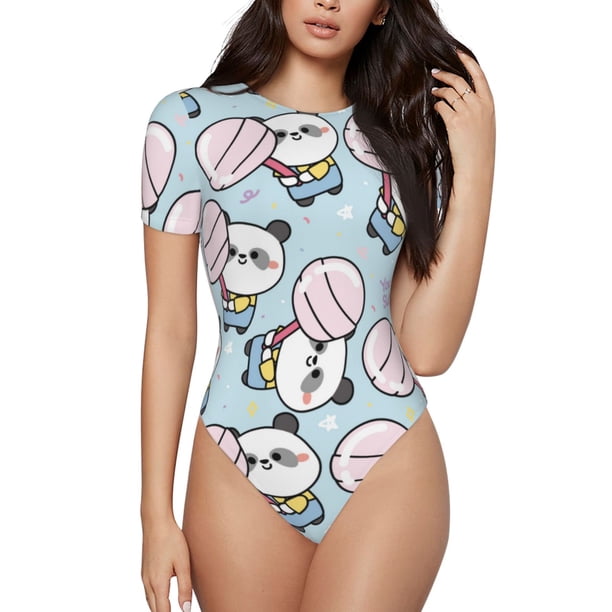 Balery Cute Panda Bear Body de cuello redondo de manga corta para mujer Tops de manga corta Tops básicos-X-Large