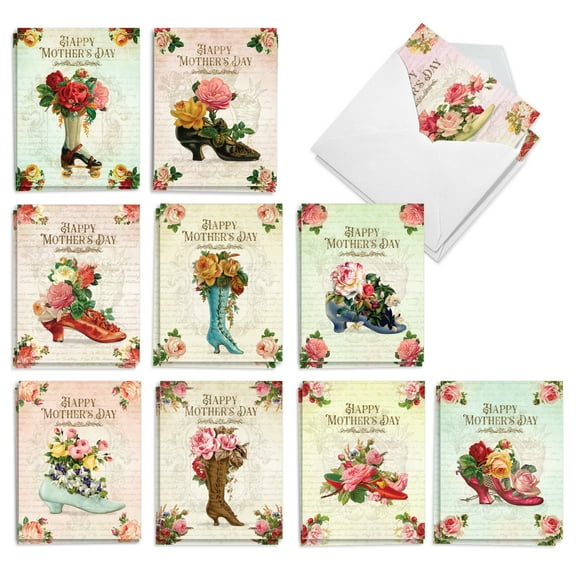 The Best Card Company 20 Assorted Mother's Day Notecards Boxed Set 4 x 5.12 Inch with Envelopes (10 Designs, 2 Each) Floral Shoes AM10310MDG-B2x10