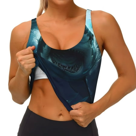 Qokaie Undersea Shark Pattern Womens Scoop Neck Sports Bra Breathable Workout Vest Padded U Back Medium Impact Fitness Gym Yoga Bra Workout Crop Top