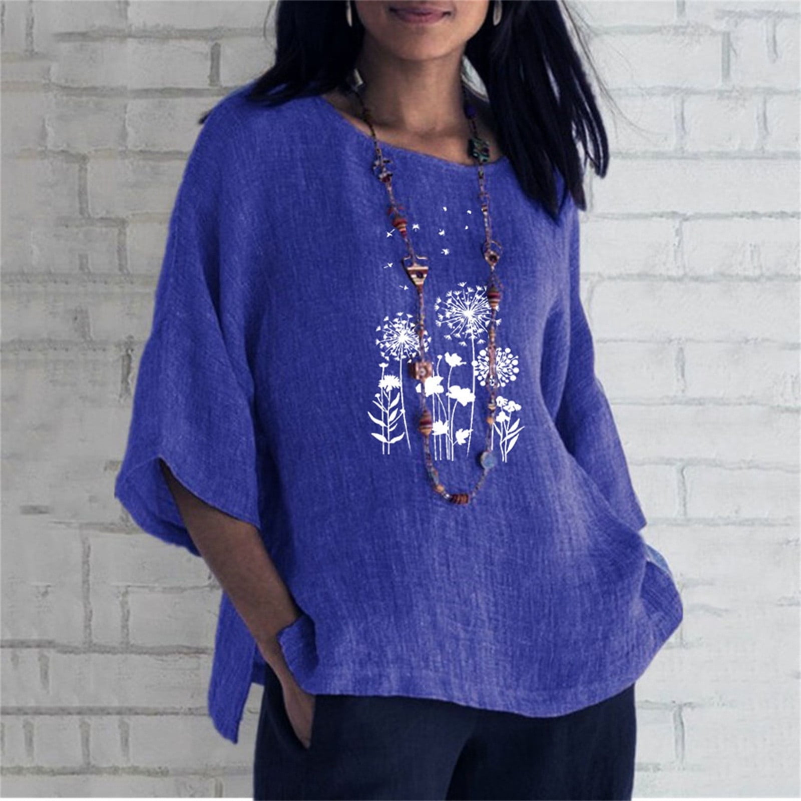 Lastesso Women's Cotton Linen Tunic Shirts Dandelion Print Summer Tops