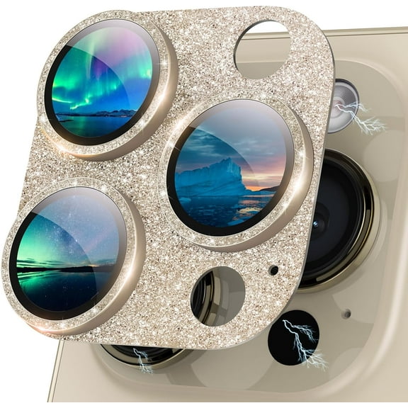 for iPhone 15 Pro/iPhone 15 Pro Max Camera Lens Protector Glitter [Full Coverage] [Case Friendly] Bling Sparkly Tempered Glass Camera Cover for iPhone 15 Pro Max Titanium Glitter Gold