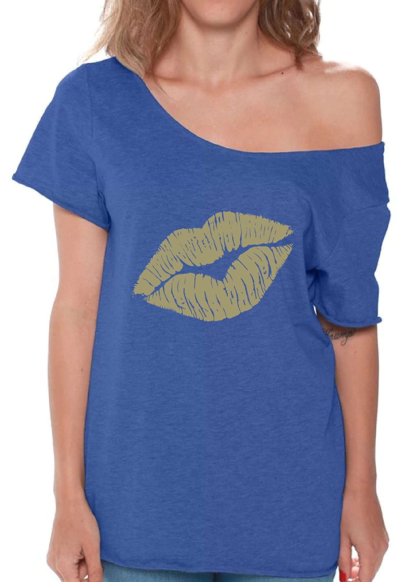 Gold Lips Girl Pocket Print Off Shoulder Shirt for Women