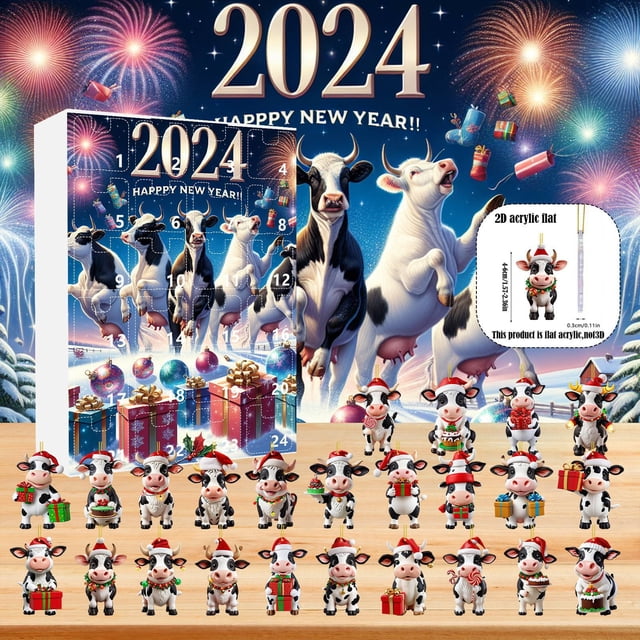 Calendario de Adviento de 2024 con Cuenta Regresiva, Calendario de Adviento Navideño de 24 Días, Adornos Navideños de Vaca, Colgantes, Figuras y Accesorios Navideños de Vaca.