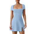 thumbnail image 2 of Riforla Women Square Neck Short Sleeve Mini Dress Side Slit Stretchy A Line Dresses Studio Apparel Dress Blue M, 2 of 5
