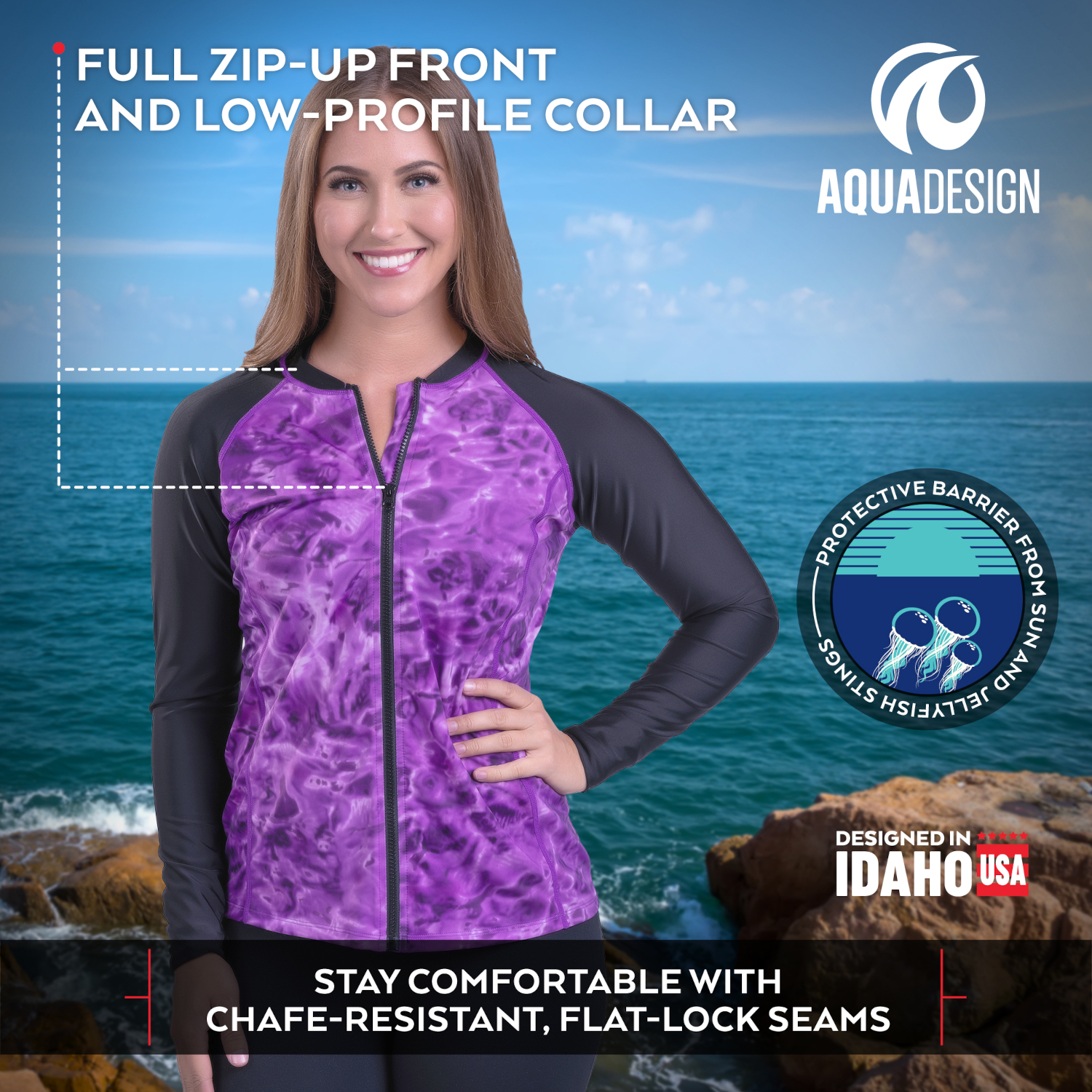 Aqua Design Womens Full Zip Long Sleeve Rash Guard: Front Zipper Swim Shirt: Black Water/Black Size 5X-Large - image 5 of 7