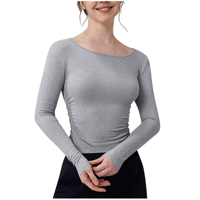 tarylea Hauts Athlétiques pour Femmes Col Rond Ajusté Crop Tops Manches Longues Couleur Unie Chemises Sport Décontracté
