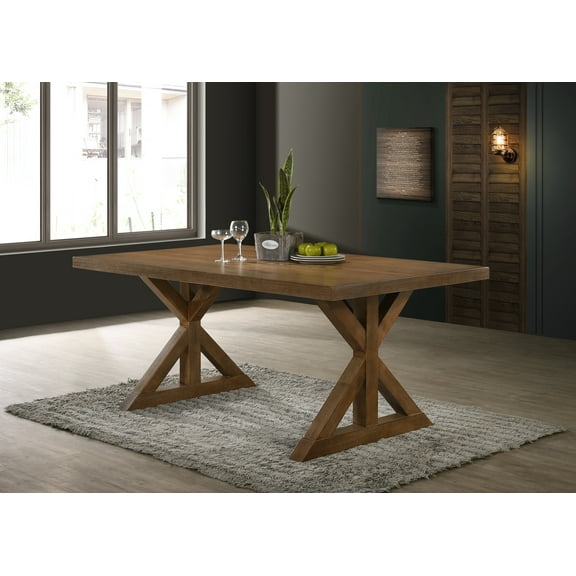 Roundhill Furniture Enna Morden Farmhouse Wood Rectangular Trestle Dining Table, Brushed Driftwood Finish